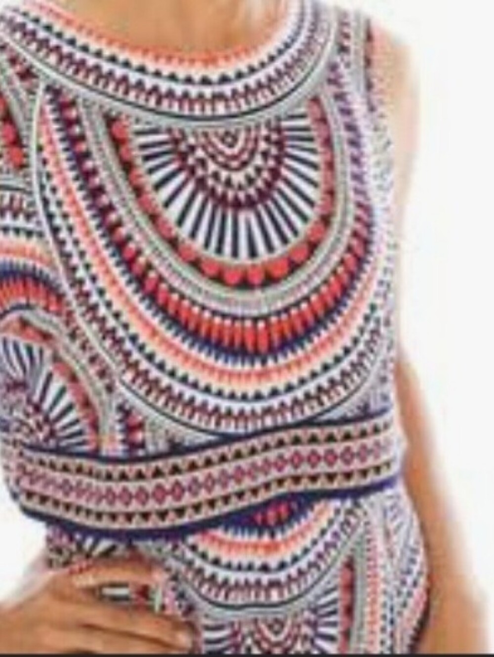 CHICO'S Sleeveless Geometric Print Tank Top in Coral & Navy